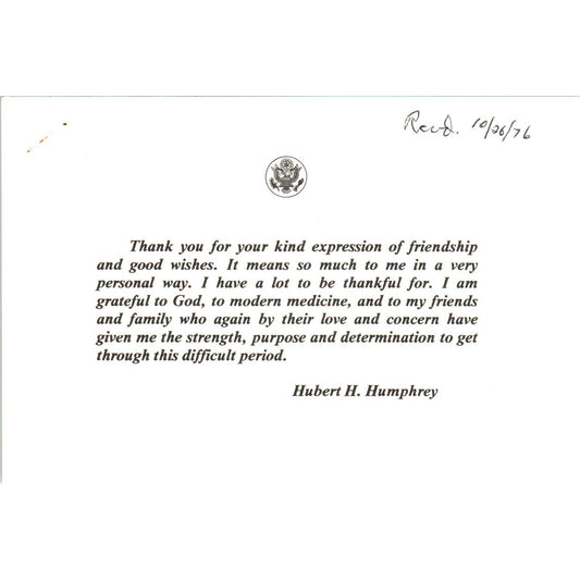 Original Thank You Note From Hubert Humphrey After Cancer Diagnosis 1976 TK1-P6