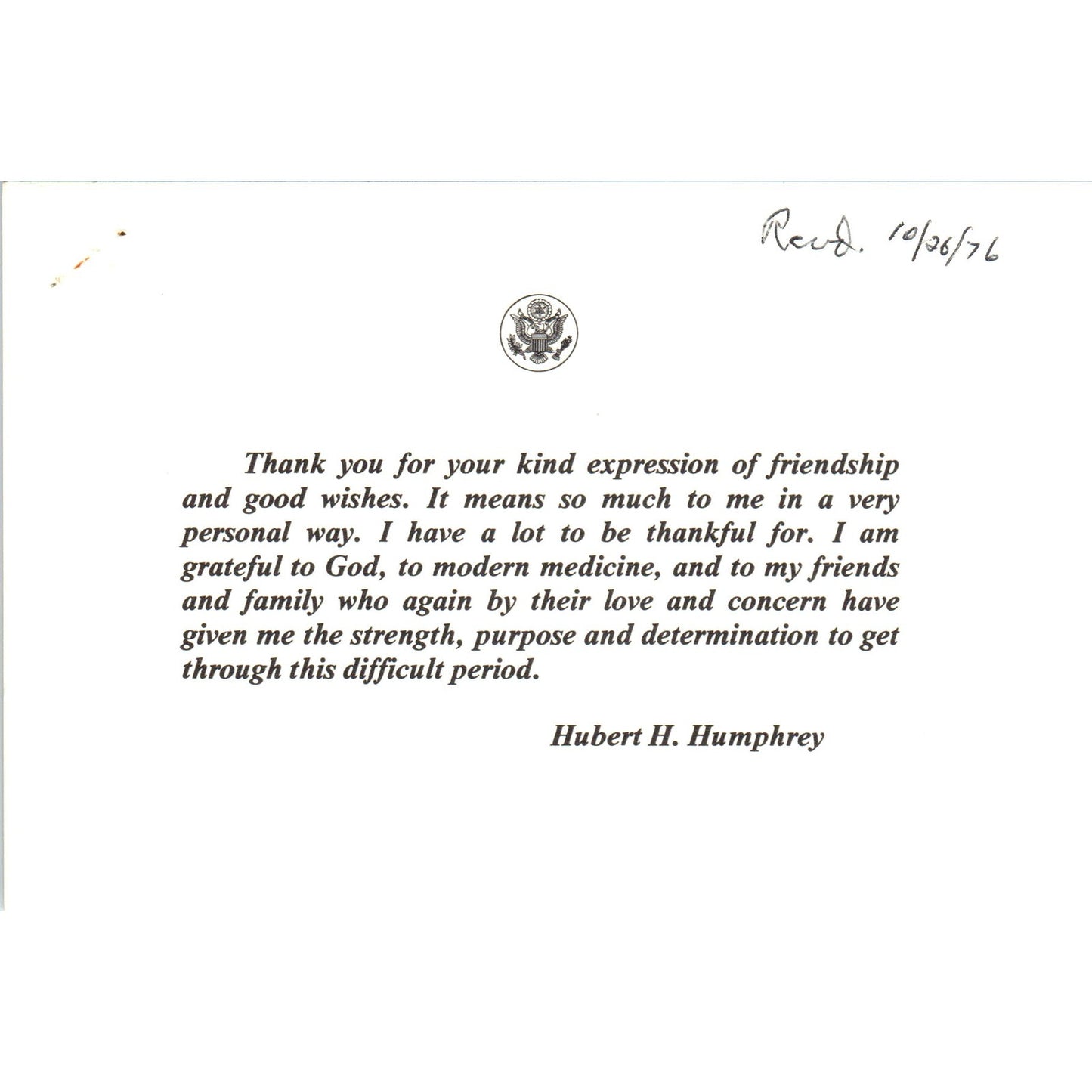 Original Thank You Note From Hubert Humphrey After Cancer Diagnosis 1976 B11
