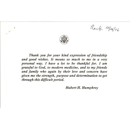 Original Thank You Note From Hubert Humphrey After Cancer Diagnosis 1976 B11