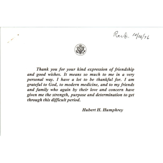 Original Thank You Note From Hubert Humphrey After Cancer Diagnosis 1976 B11