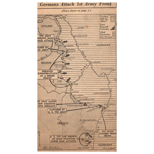 1944 WWII Newspaper Map Germans Attack 1st Army Front, US on Midoro Island SF3-5