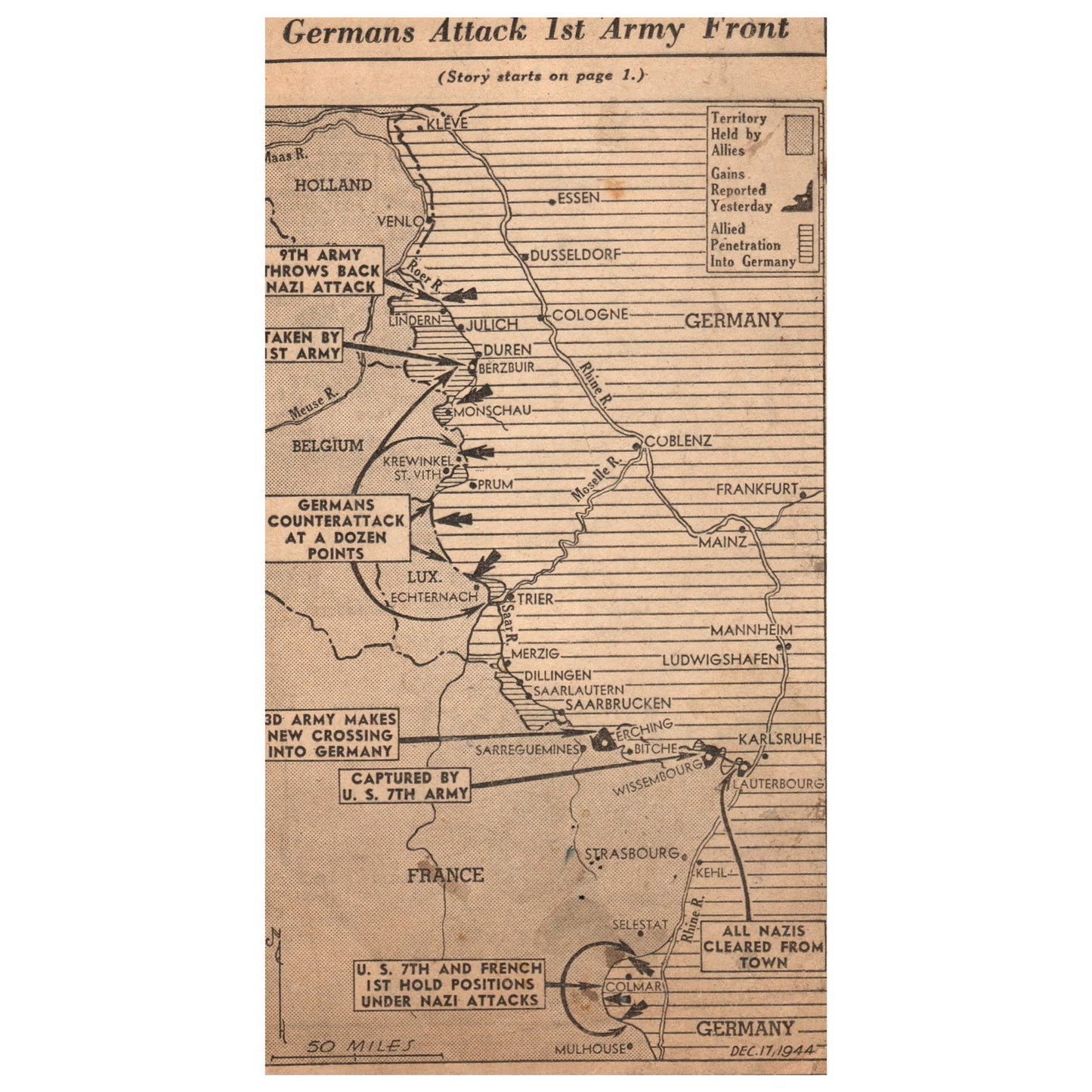 1944 WWII Newspaper Map Germans Attack 1st Army Front, US Midoro Island TH2-SF1