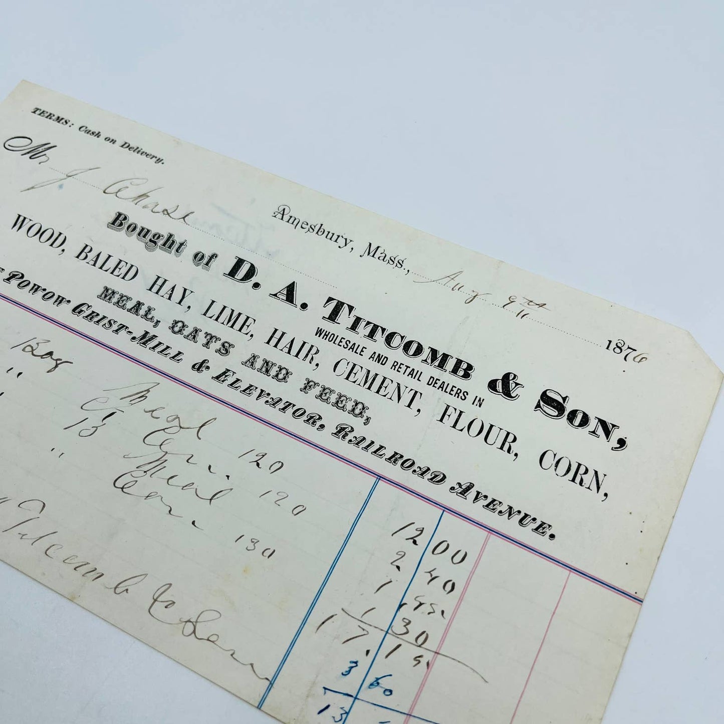 1876 DA Titcomb & Son Amesbury Mass Billhead Letterhead Receipt Railroad Ave AA4