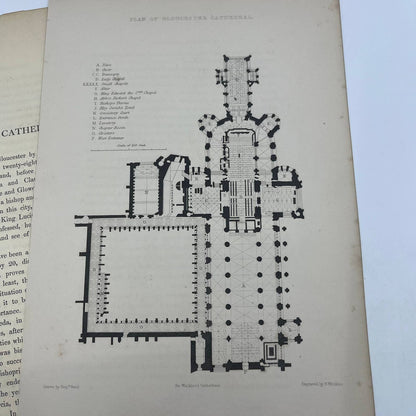 1842 Original Art Engraving Gloucester Cathedral, Floor Plan and Bio TG6