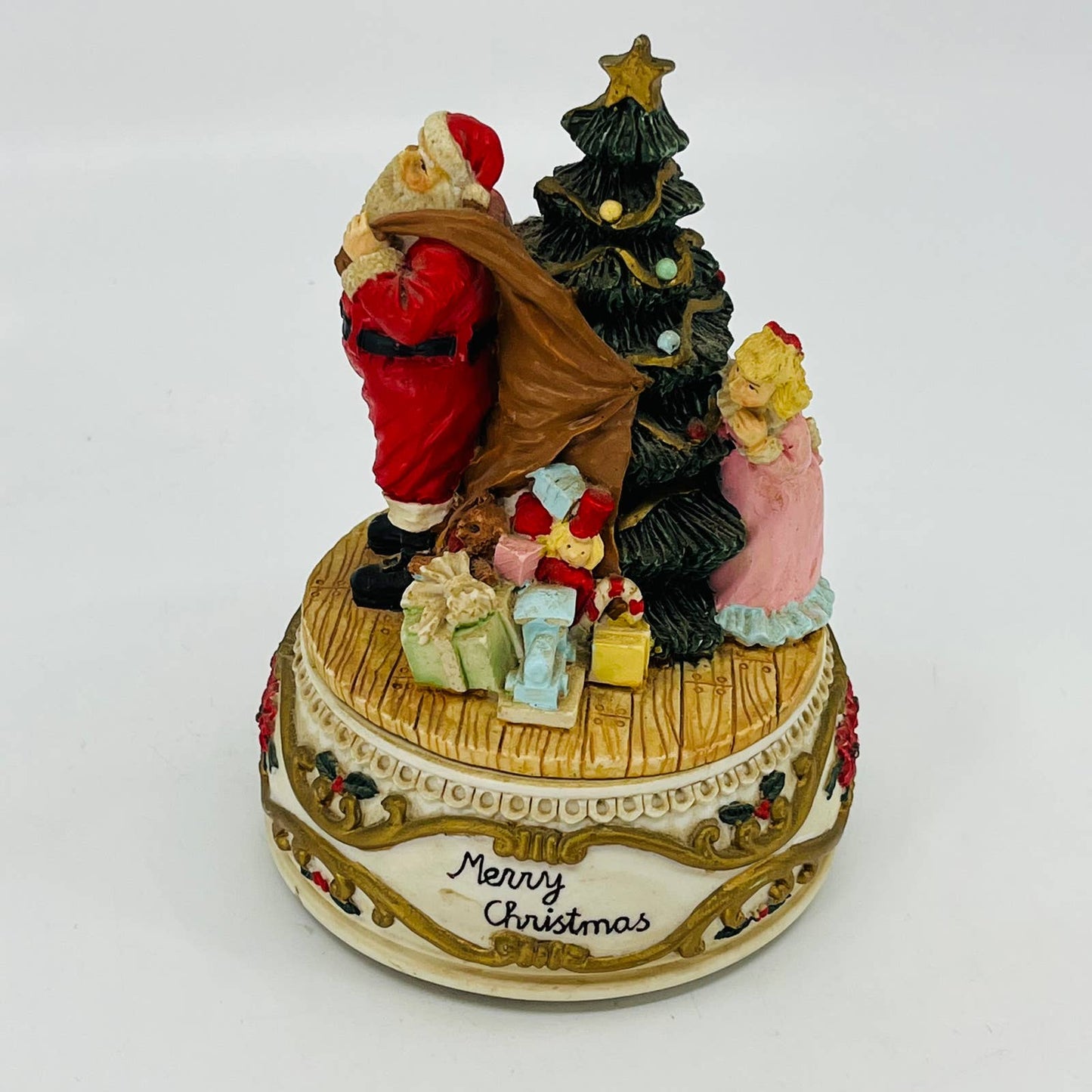 1990s Girl Peeking at Santa Behind Xmas Tree Music Box Oh Christmas Tree TC1