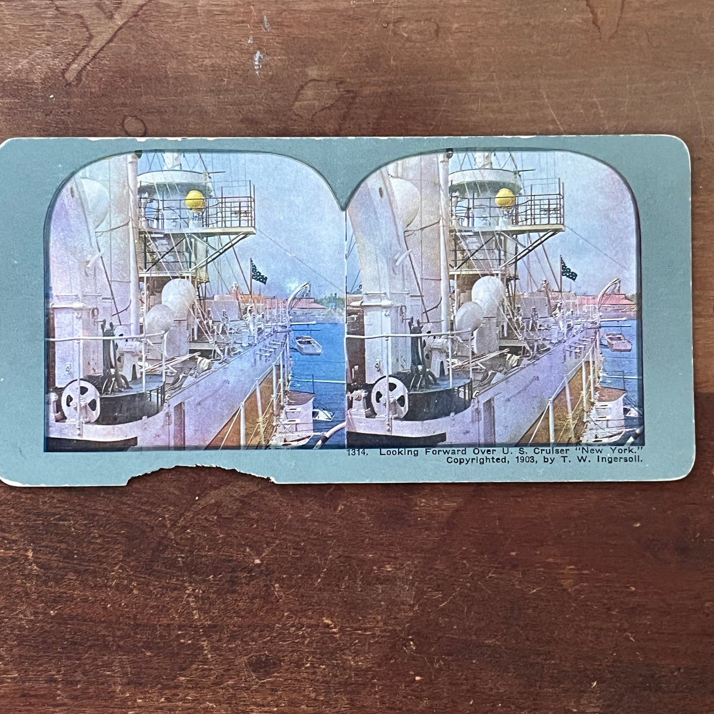 Looking Forward over U.S. Cruiser New York 1903 Antique Stereoview Card TJ9-V4