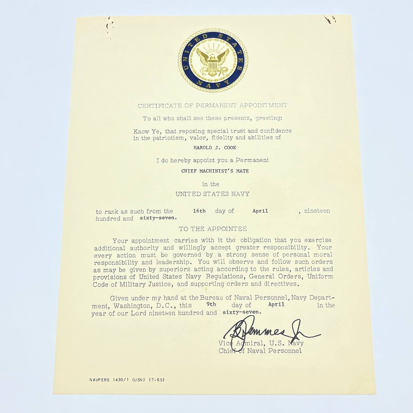 1967 US Navy Certificate of Permanent Appointment Chief Machinist's Mate AB7