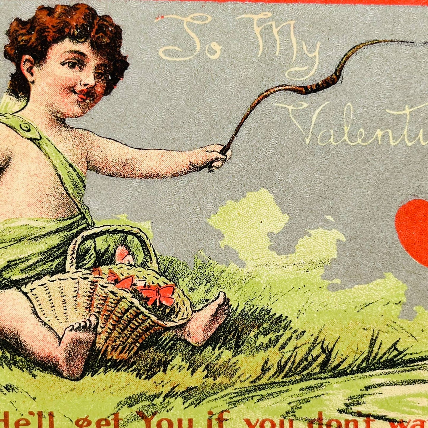 1900s Valentine’s Post Card Cupid Flowers Bow & Arrow Silver Background PA3