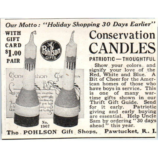 c1920 Harper's Ad - Conservation Candles Pholson Gift Shop Pawtucket RI EA3-2