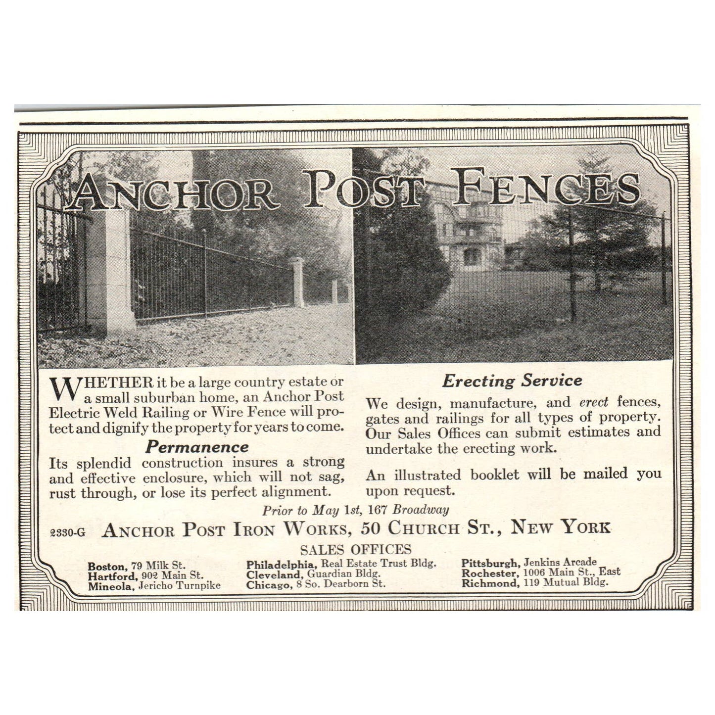 Fences - Anchor Post Iron Works 50 Church St. NY - 1921 Original Ad TJ7-S