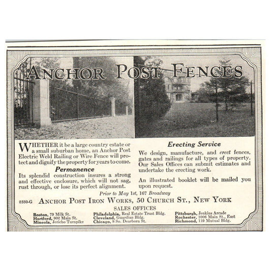 Fences - Anchor Post Iron Works 50 Church St. NY - 1921 Original Ad TJ7-S