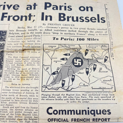 1940 May 18 WWII Newspaper Headline Page Nazis Take Brussels Drive at Paris AA8