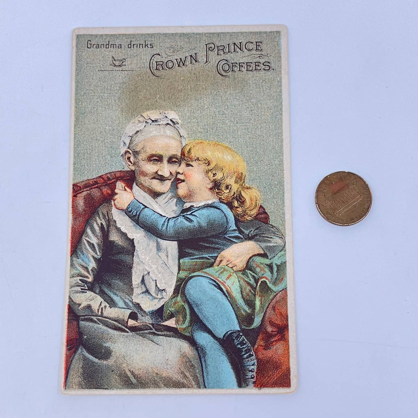 1880s Victorian Trade Card Grandma Drinks Crown Prince Coffees Ross Weir NY SC8