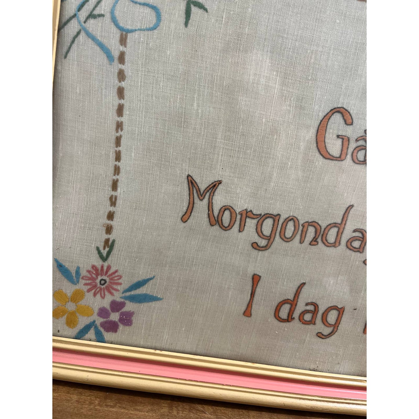 Vtg 1950s Scandinavian Crewel Embroidered  Wall Art On Linen Sweden 26 x 14 GS1