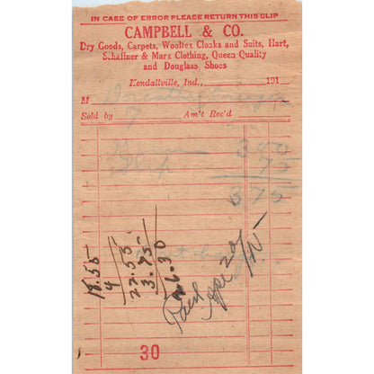 c1910 Campbell & Co. Hart Schaffner & Marx Clothes Receipt Kendallville IN AD8
