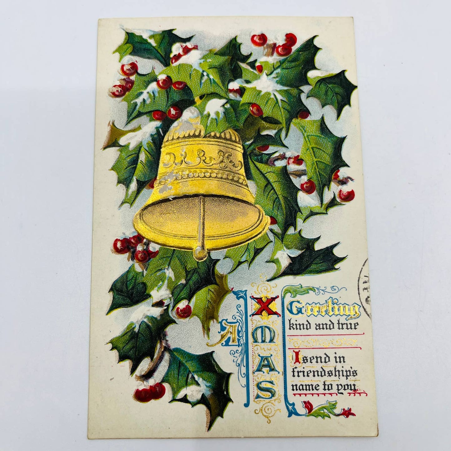 1910s Christmas Post Card Embossed Holly Bell Snow PA4