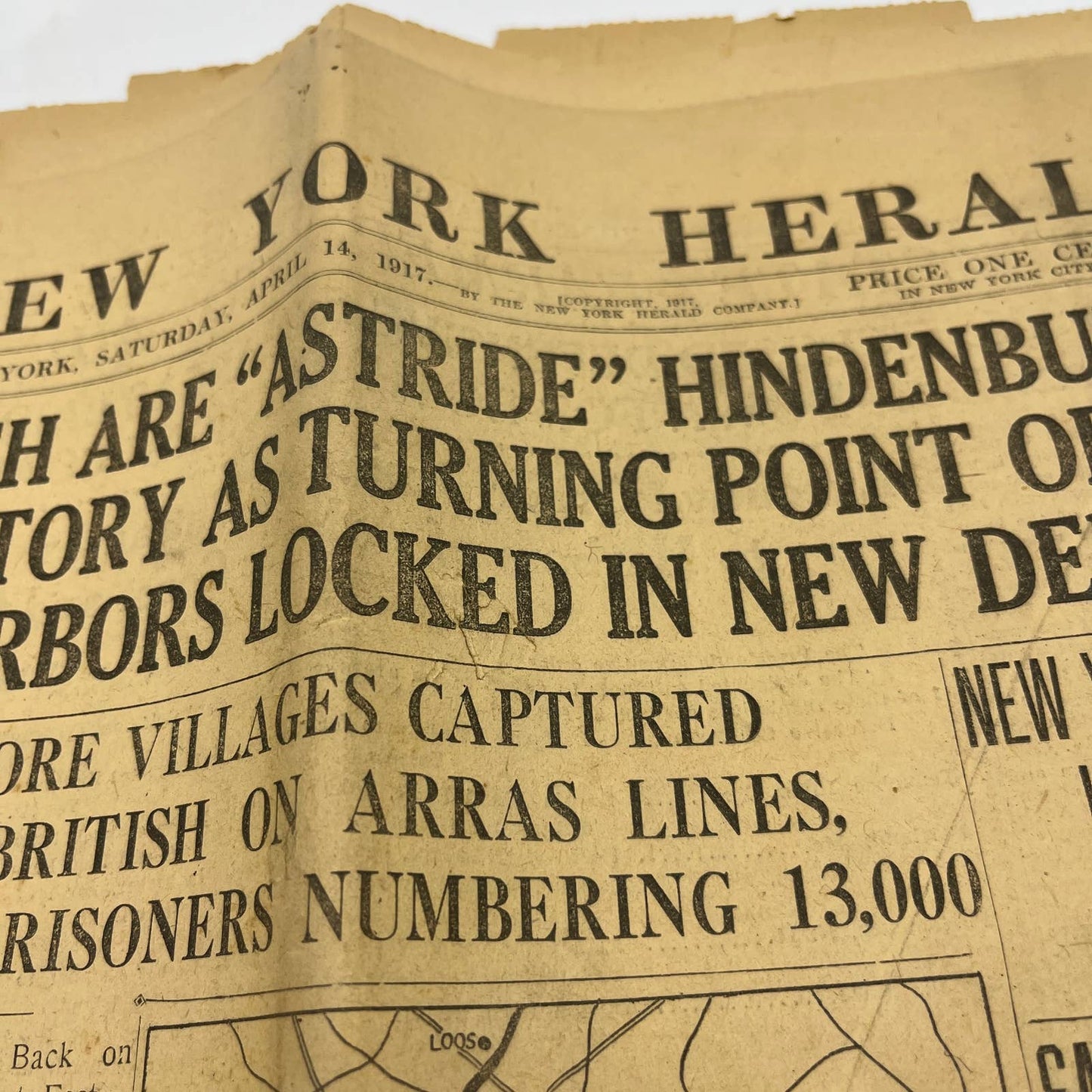 1917 WWI New York Herald Newspaper Apr 14th British Astride Hindenburg Line FL4