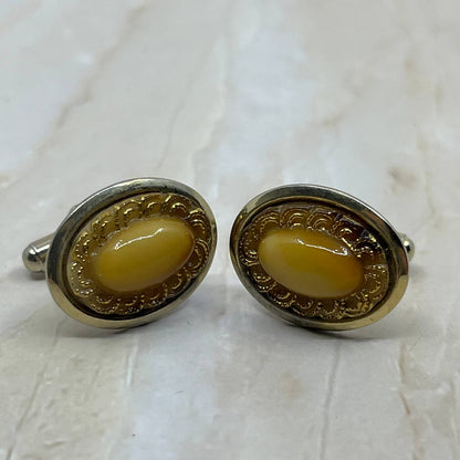 Gold Tone and Cream Oval Cufflinks Vintage Men's Jewelry TC5-S3