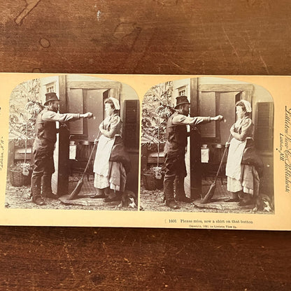 Victorian Humor Couple "Miss Sew a Shirt" 1893 Antique Stereoview Card TJ9-V4