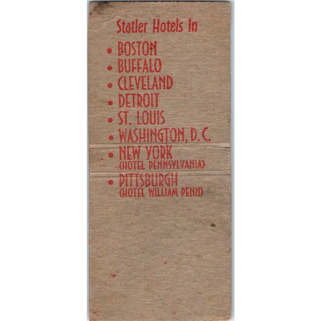 Statler Hotel Pennsylvania New York Advertising Matchbook Cover SA9-M4