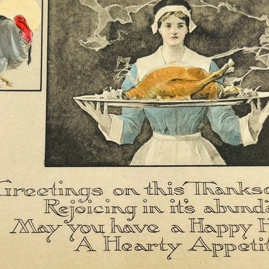 1910s Thanksgiving Post Card Turkey Dinner Lady Poem Gibson PA3