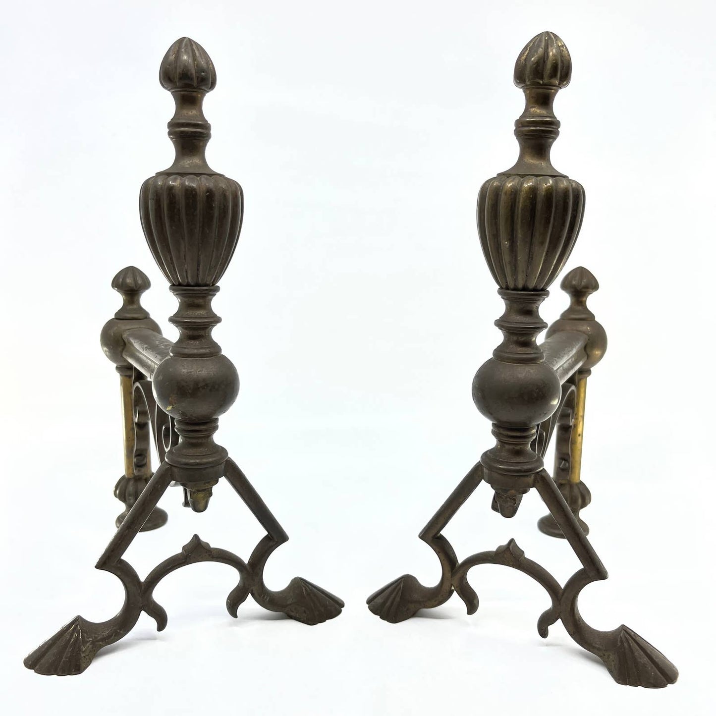 Antique 19th Century Victorian Brass Fire Dogs Andirons Reeded Finials Set TC7