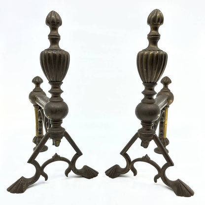 Antique 19th Century Victorian Brass Fire Dogs Andirons Reeded Finials Set TC7