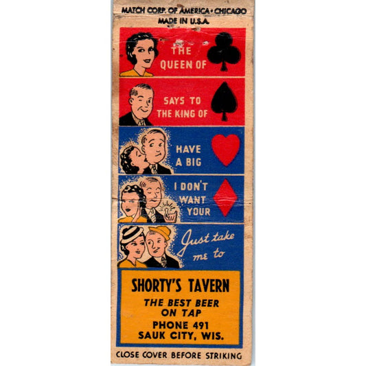 Vtg Matchbook Cover Shorty's Tavern Sauk City Wisconsin Playing Card Theme SE5