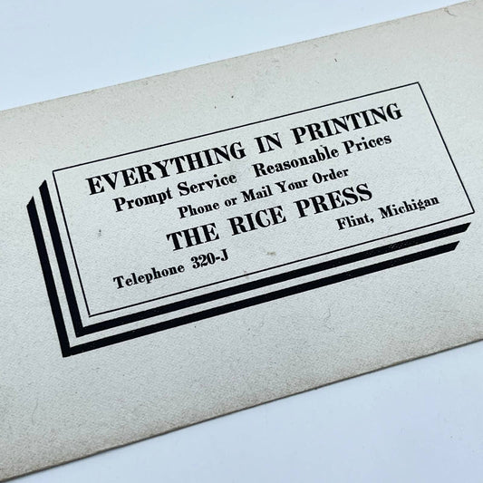 1910s Blotter Card The Rice Press Everything in Printing Flint MI SC8