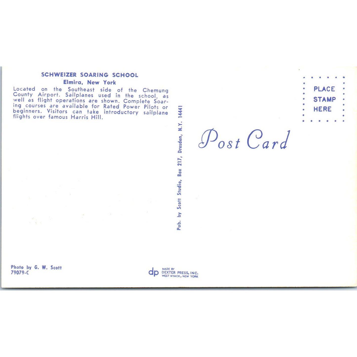 Schweizer Soaring School Elmira NY - Original Postcard TJ9-P1