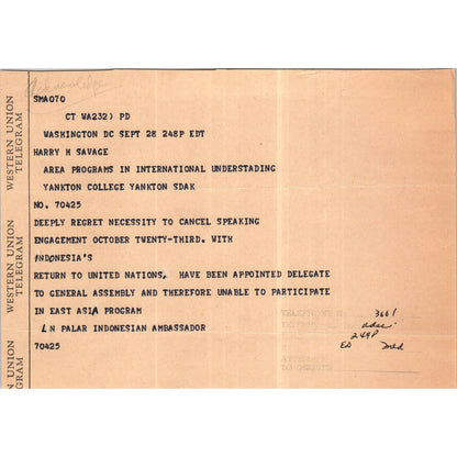 Original Western Union Telegram From Indonesia Ambassador L.N Palar 1966 TK1-P10
