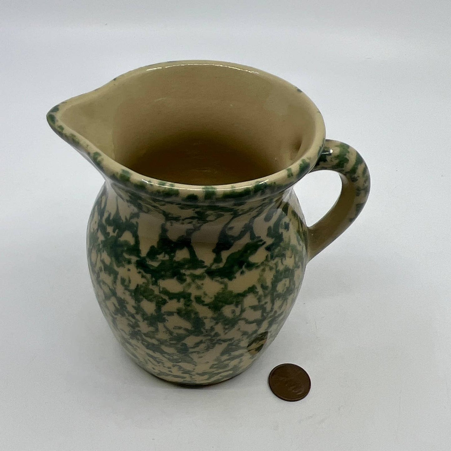 Robinson Ransbottom Green Spongeware Pitcher RRP Roseville 1 Pt 4.5” TH5-1