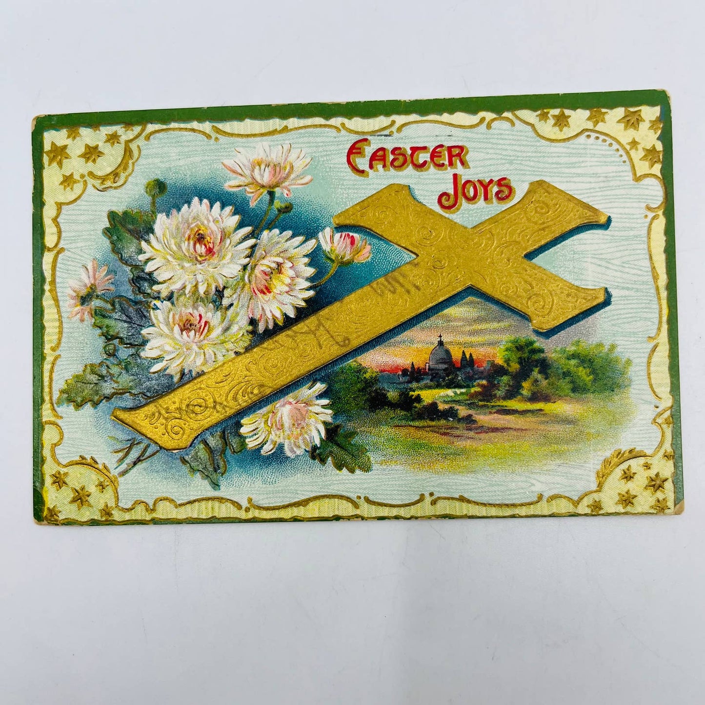 1910s Easter Post Card Embossed Cross Chrysanthemum Church Dresden Sunset PA5