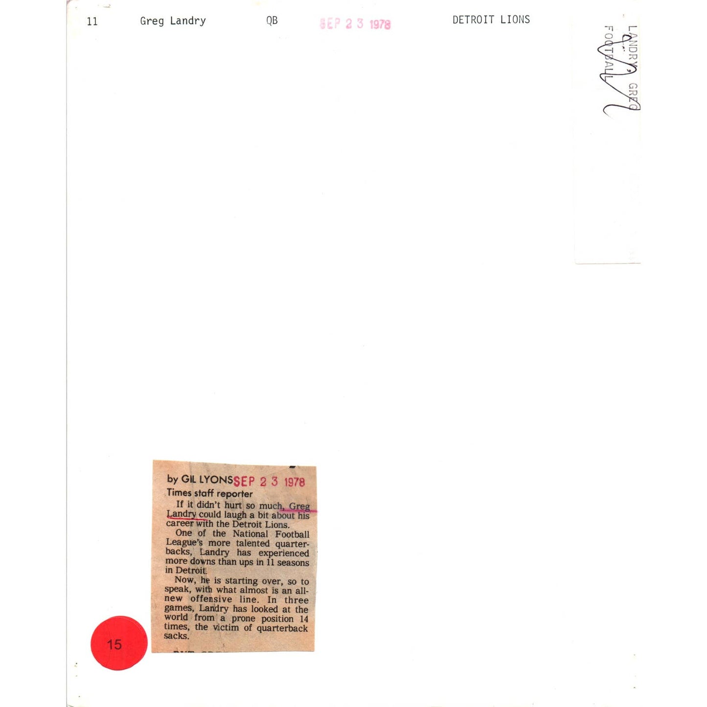 1978 Original Press Photo Football NFL Detroit Lions Greg Landry 8x10" TK2-FP