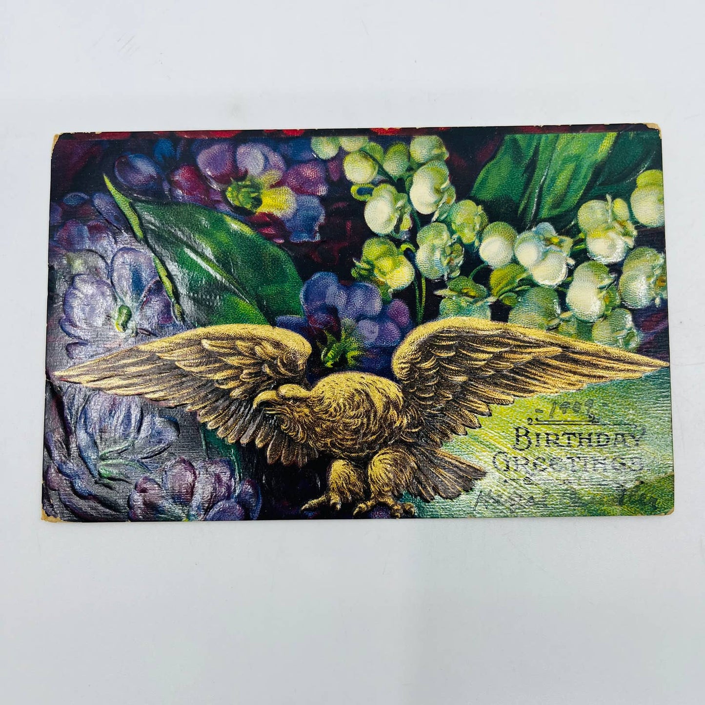 1910s Birthday Post Card Embossed Golden Eagle Violets Lily of the Valley PA5