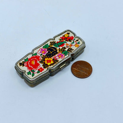 Vintage Gold Tone Enamel Floral Pill Box Style Sewing Kit SD3