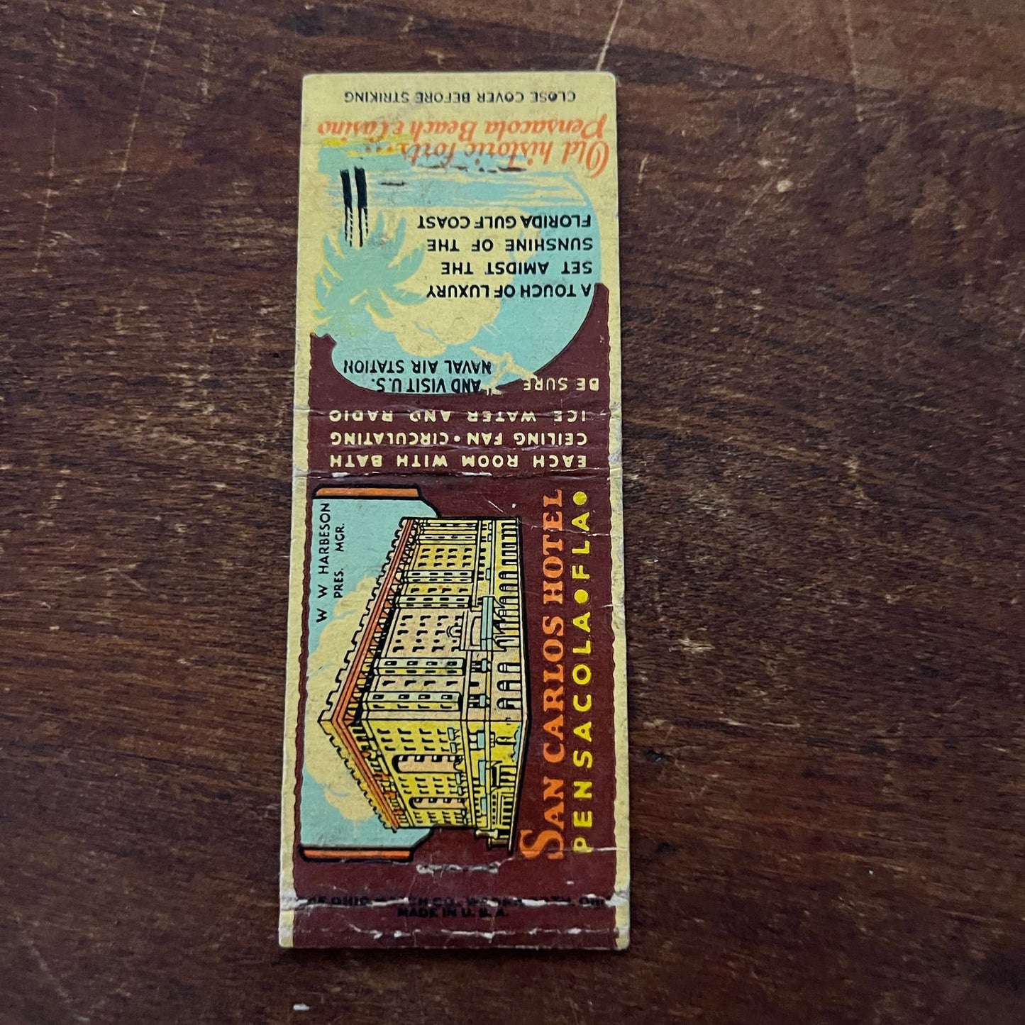 San Carlos Hotel Pensacola Florida Advertising Matchbook Cover SB3-M3