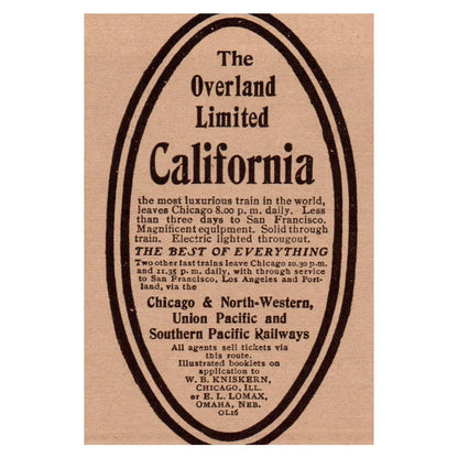 The Overland Limited California Railroad 4x2.5" - 1904 Original Ad TJ8-8