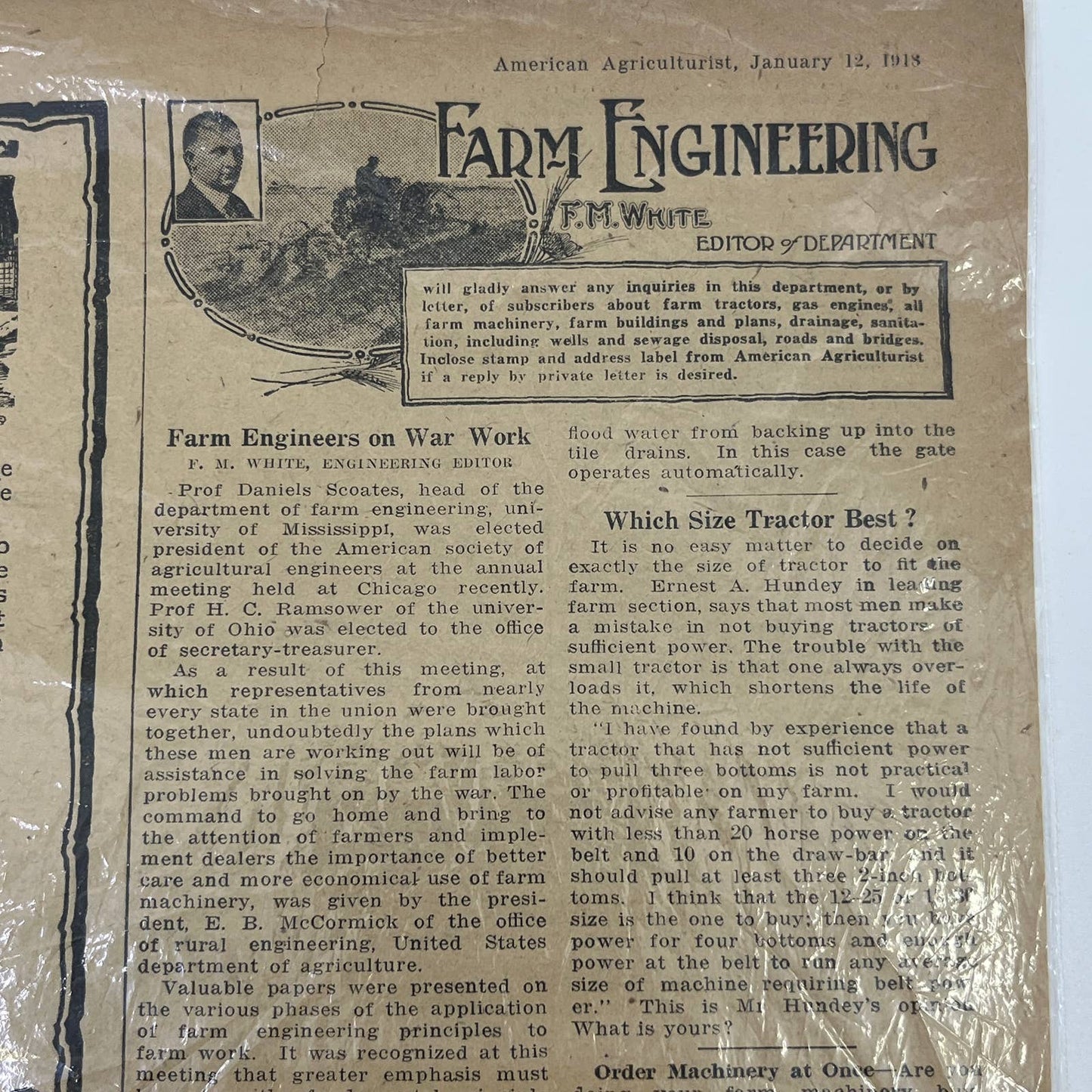 1918 Farm Engineering F.M White Farming Q&A Article American Agriculturalist AB7