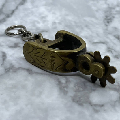 Vintage Brass Western Cowboy Boot Spur Etched Keychain SA2