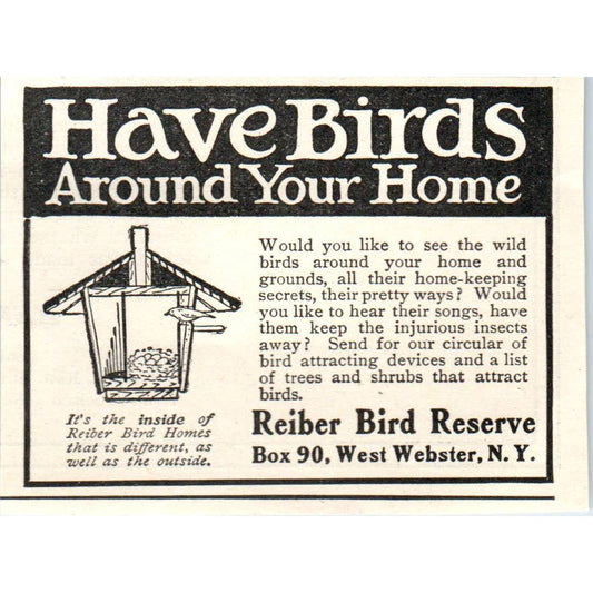 Rieber Bird Reserve Bird Houses and Attraction Devices - 1921 Original Ad TJ7-S8