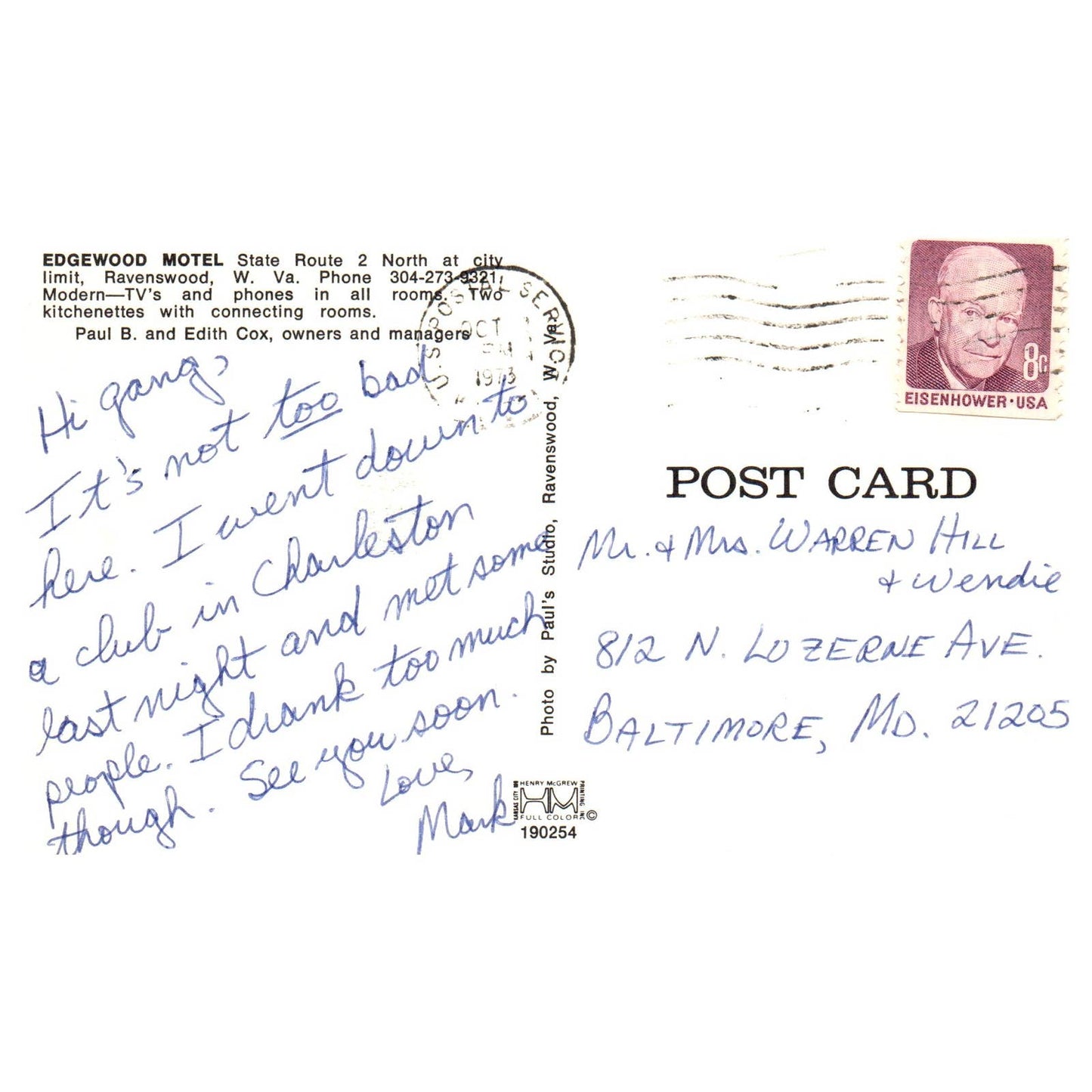 Vintage Postcard - Edgewood Motel Ravenswood West Virginia 1973 AD9