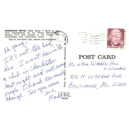 Vintage Postcard - Edgewood Motel Ravenswood West Virginia 1973 AD9