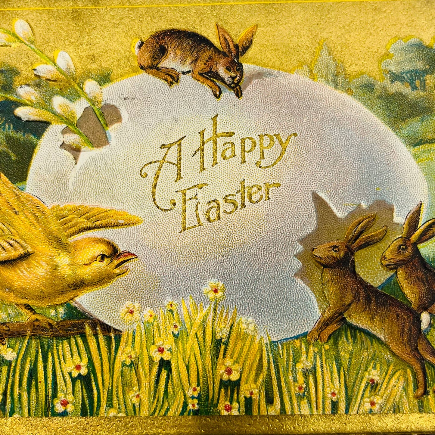 1910s Easter Post Card WINSCH Back Embossed Chick Bunny Rabbits Giant Egg PA5