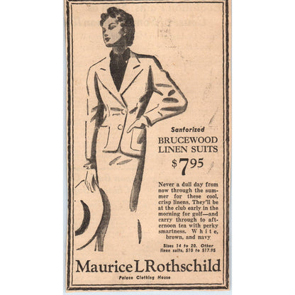 1935 Mpls Journal Newspaper Ad Maurice L Rothschild Brucewood Linen Suits FL5-3