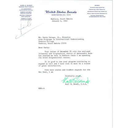 South Dakota Senator Karl Mundt Official Letterhead Signed Memo 1968 TK1-P6