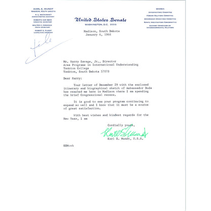 South Dakota Senator Karl Mundt Official Letterhead Signed Memo 1968 B11