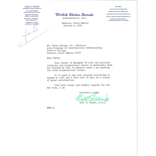 South Dakota Senator Karl Mundt Official Letterhead Signed Memo 1968 B11
