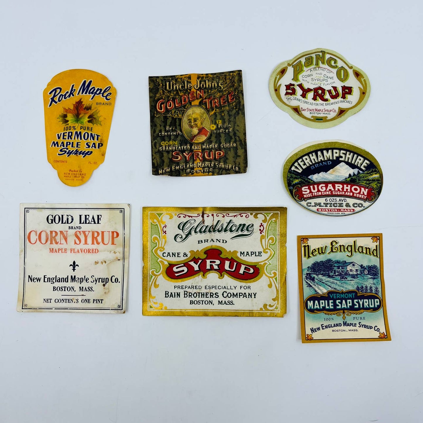 Vintage Lot of 7 Syrup Labels New England Vermont Boston EA4