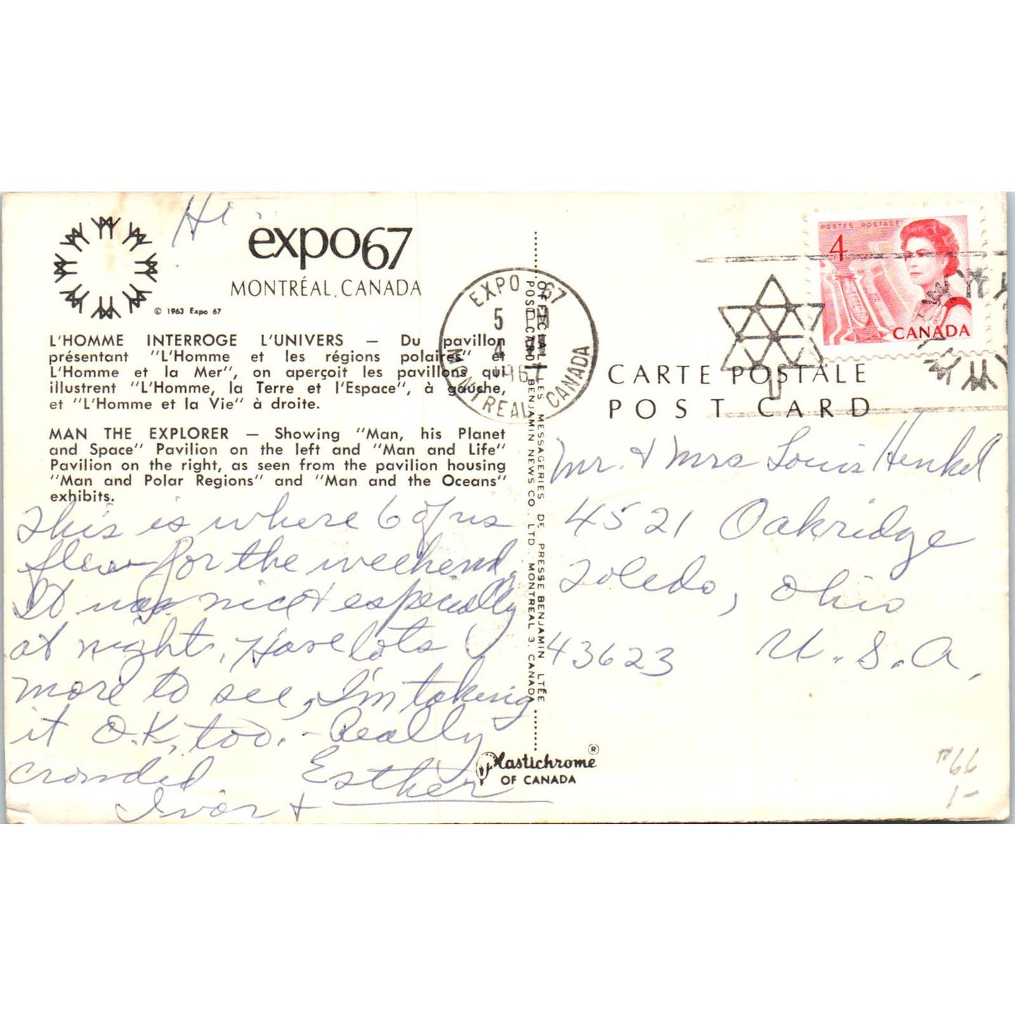 Expo 67 Montreal - Man the Explorer Original Postcard TK1-P12